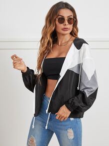 SHEIN LUNE Colour Block Drawstring Hooded Wind Jacket - Multicolor - View 1