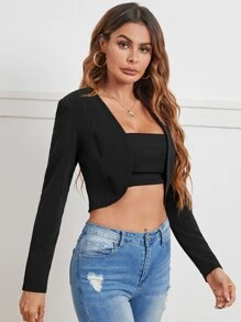 SHEIN Privé Solid Open Front Crop Black Jacket In Fall/Winter - Black - View 4