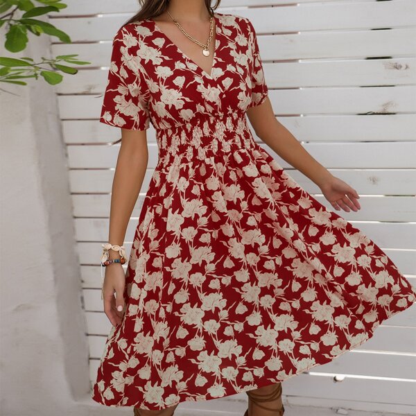 

Allover Floral Print Shirred Waist Dress, Red
