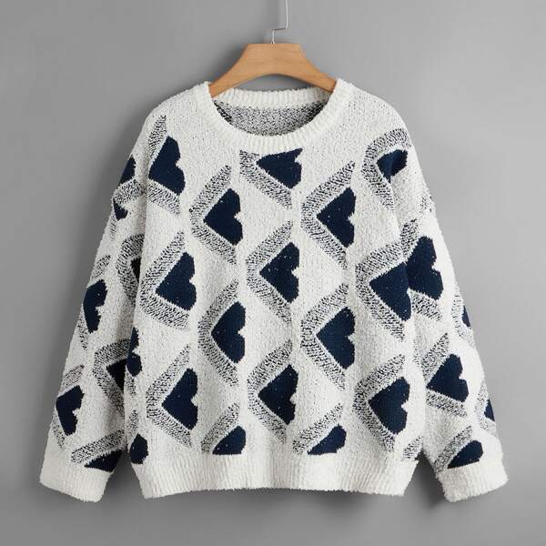 

Plus Graphic Pattern Drop Shoulder Sweater, Blue and white