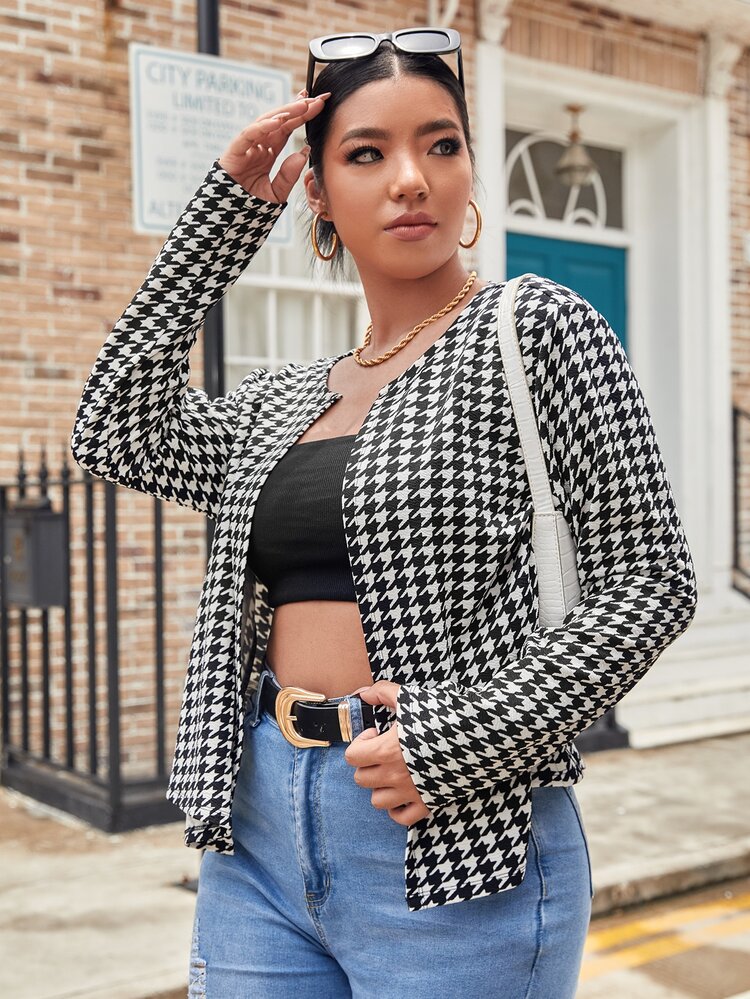 SHEIN Essnce Cazadora de pata de gallo con parte delantera abierta - Blanco y Negro - Añade 3