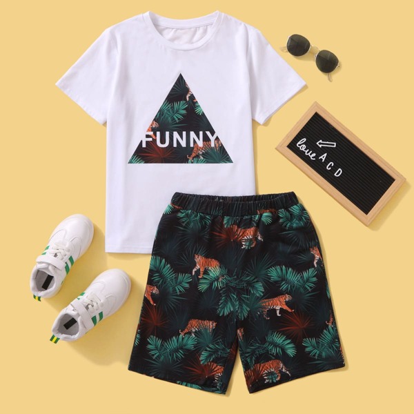 

Boys Letter And Tiger Graphic Tee & Shorts, Multicolor