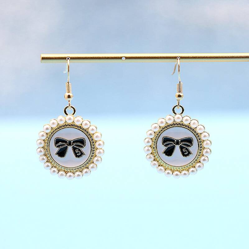 

Bow Print Geo Charm Earrings, Black and white