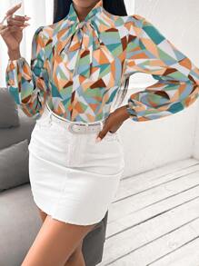 SHEIN SXY Tie Neck Geo Print Blouse - Multicolor - View 3