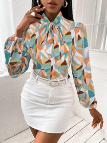 SHEIN SXY Tie Neck Geo Print Blouse - Multicolor - View 6