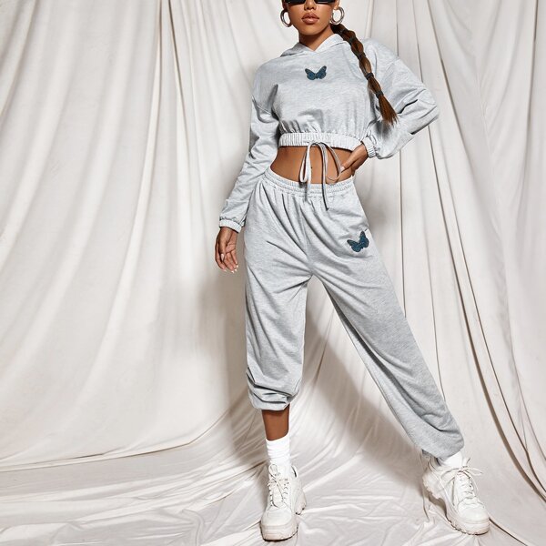 

Butterfly Embroidery Drop Shoulder Drawstring Hem Hoodie & Sweatpants, Grey