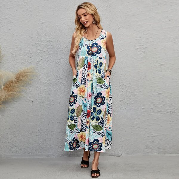 

Floral & Leaves Print Tank Dress, Multicolor