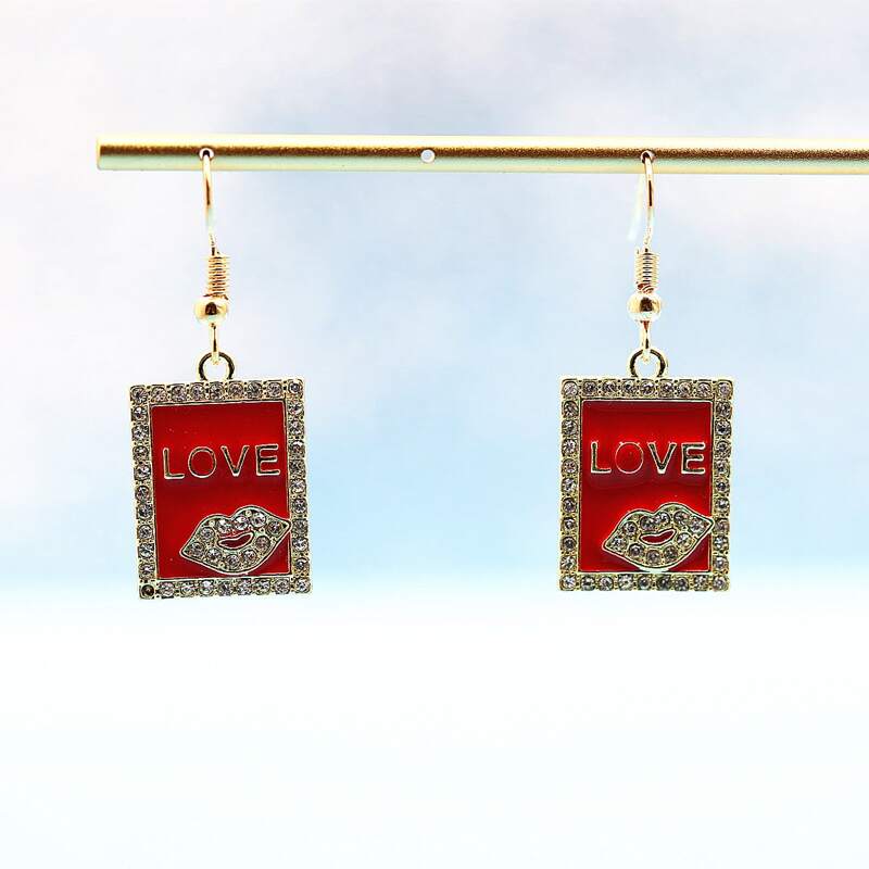 

Rhinestone Decor Geo Charm Earrings, Red