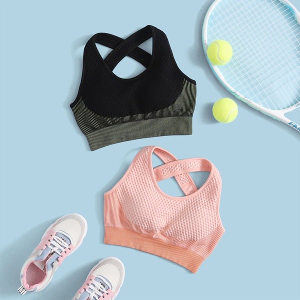 

2pcs Medium Support Criss-cross Sports Bra, Multicolor