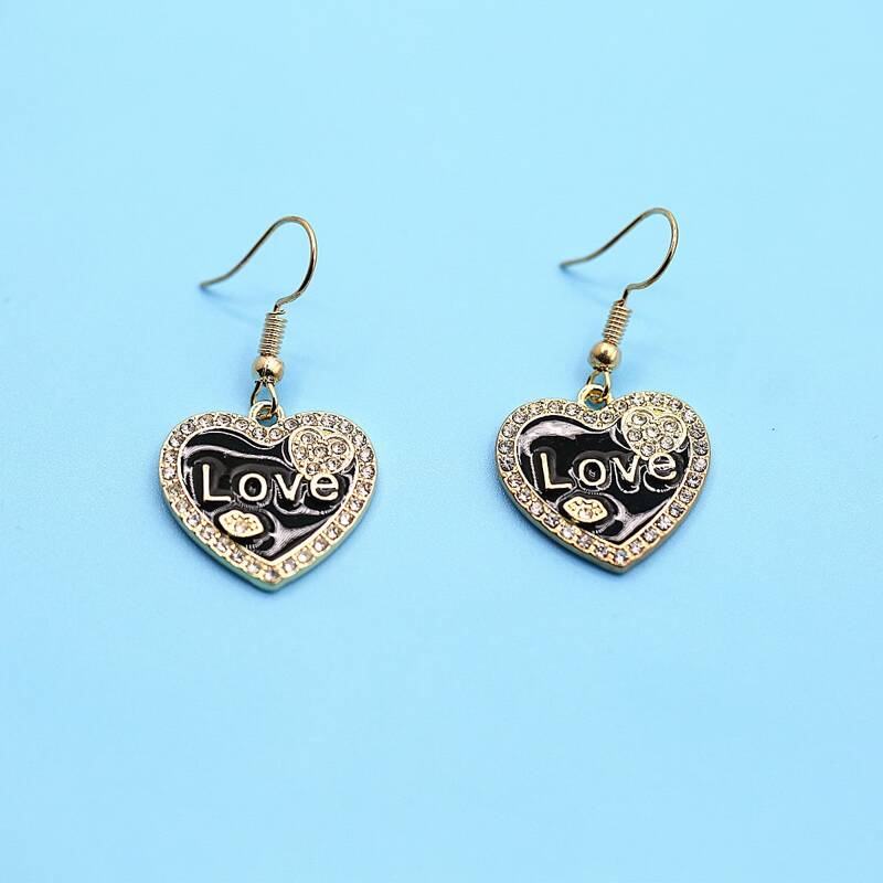 

Rhinestone Decor Heart Charm Earrings, Black