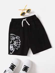 SHEIN Quần Short Trai Dây kéo Thú vật Thể thao - màu đen - Xem 1