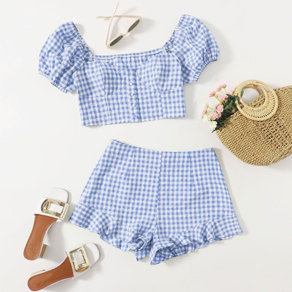 

Gingham Puff Sleeve Top & Ruffle Hem Shorts Set, Blue and white