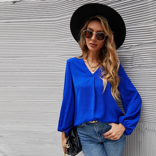 

Solid V-Neck Bishop Sleeve Blouse, Royal blue