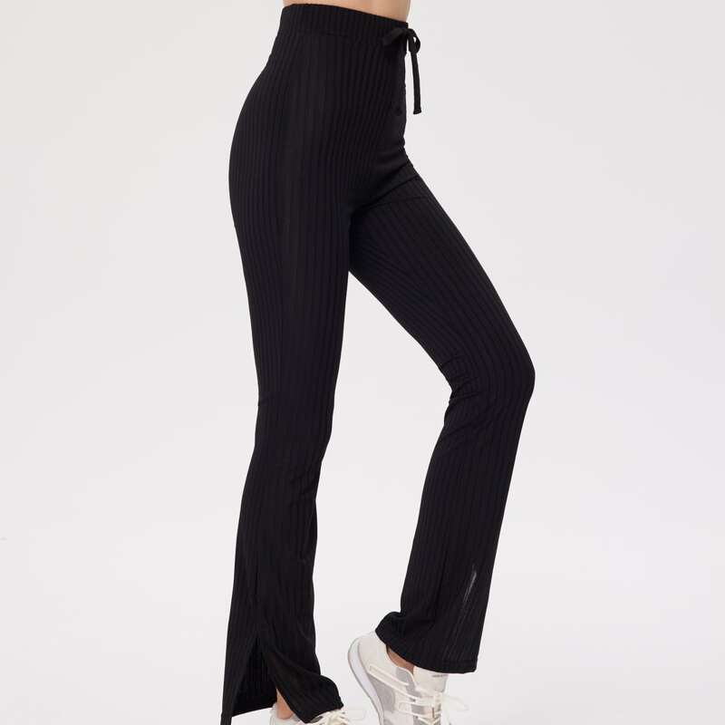 

Solid Ribbed Split Pants, Black