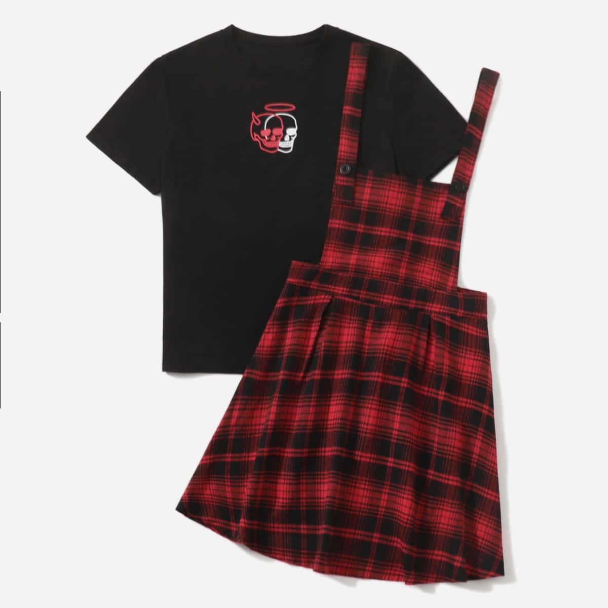 

Skull Graphic Tee & Plaid Pinafore Dress, Multicolor