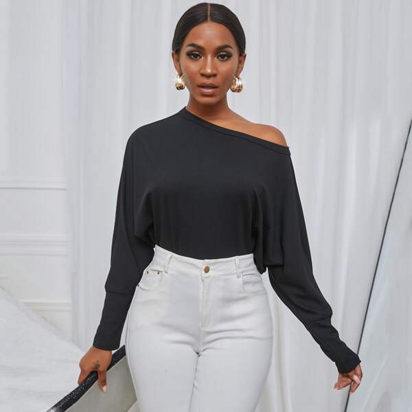 Solid Oblique Shoulder Tee, Black