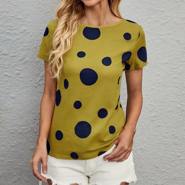 

Polka Dot Crew Neck Blouse, Mustard yellow