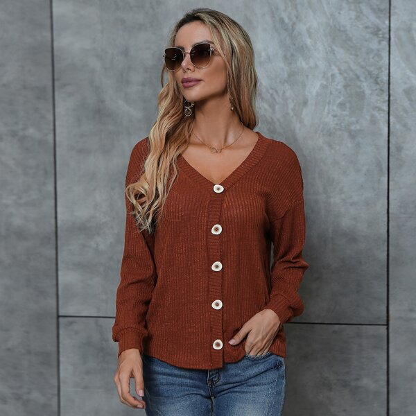 

Drop Shoulder Button Front Cardigan, Rust brown