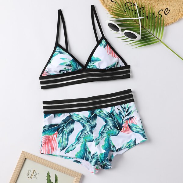 

Tropical Random Print Contrast Mesh Shorts Bikini Swimsuit, Multicolor