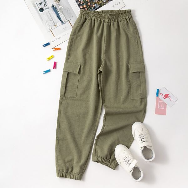 

Girls Flap Pocket Side Elastic Waist Cargo Pants, Army green