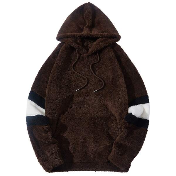 Men Contrast Panel Drawstring Teddy Hoodie, Chocolate brown