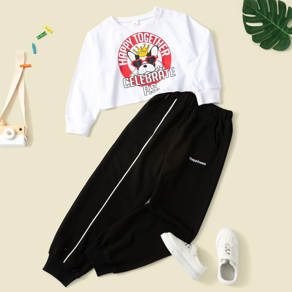 

Girls Dog Print Pullover & Letter Embroidery Sweatpants, Black and white
