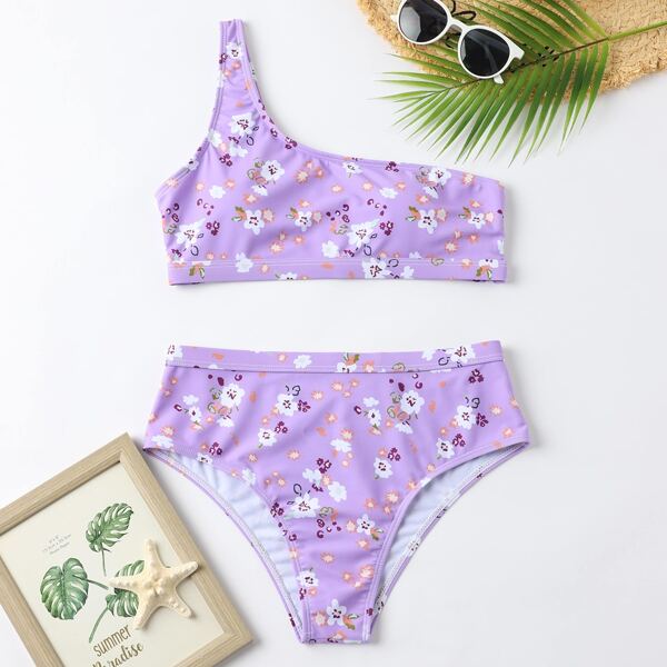 

Floral Random Print One Shoulder Bikini Swimsuit, Purple