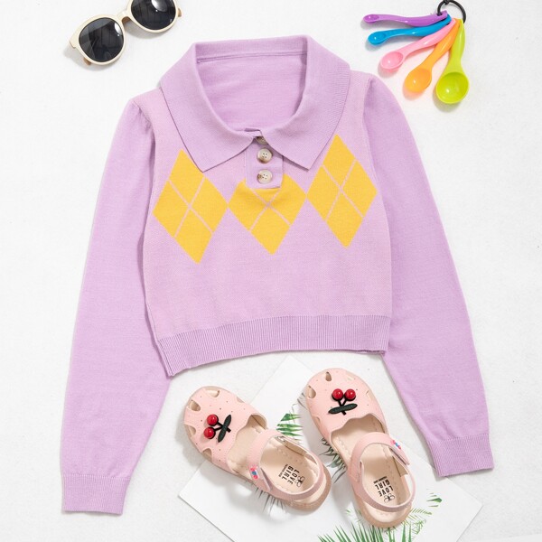 

Girls Argyle Pattern Half Button Sweater, Purple