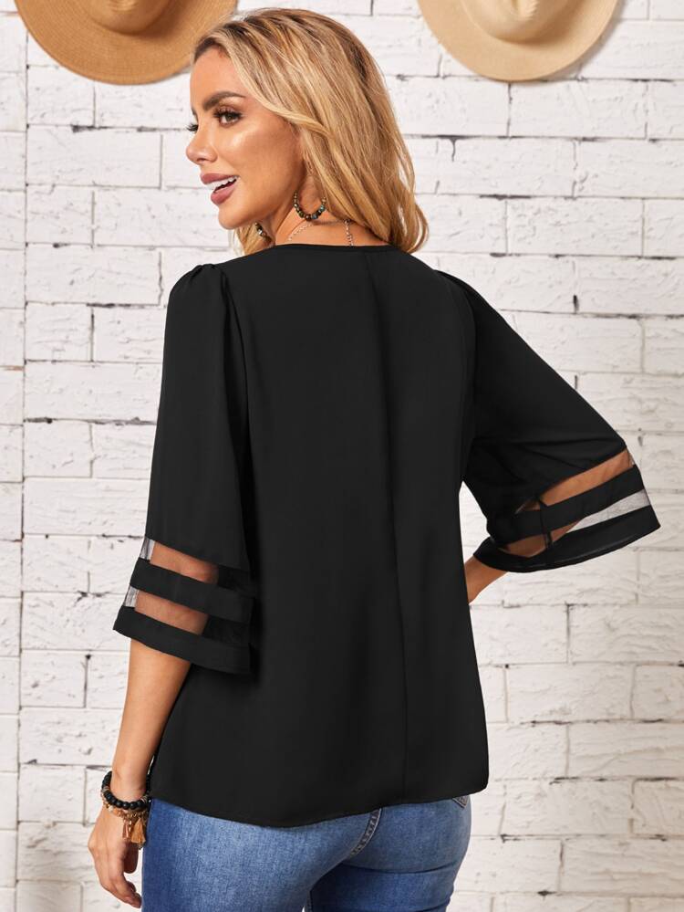 V Neck Mesh Insert Blouse