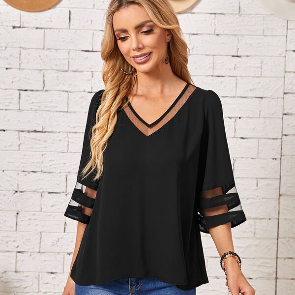

V Neck Mesh Insert Blouse, Black