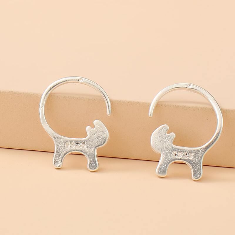 

Cat Design Hoop Earrings, Silver