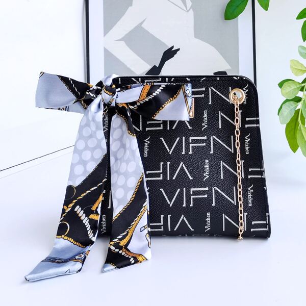 

Twilly Scarf Decor Letter Graphic Shoulder Bag, Black