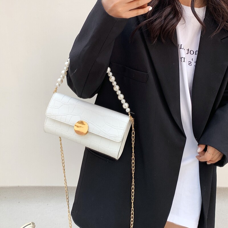 

Croc Embossed Chain Bag, Beige