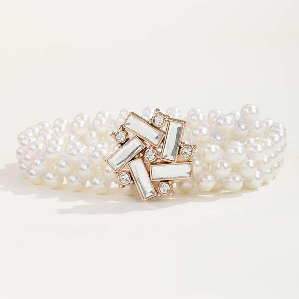 Rhinestone Decor Faux Pearl Beaded Belt, White