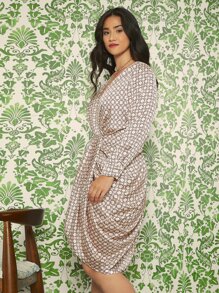 SHEIN Privé Plus Satin Allover Print Wrap Dress - Khaki - View 5