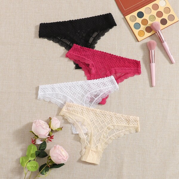 

4pack Scallop Trim Lace Thong Set, Multicolor