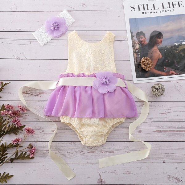 

Baby Color Block Appliques Contrast Lace Dress & Headband, Multicolor
