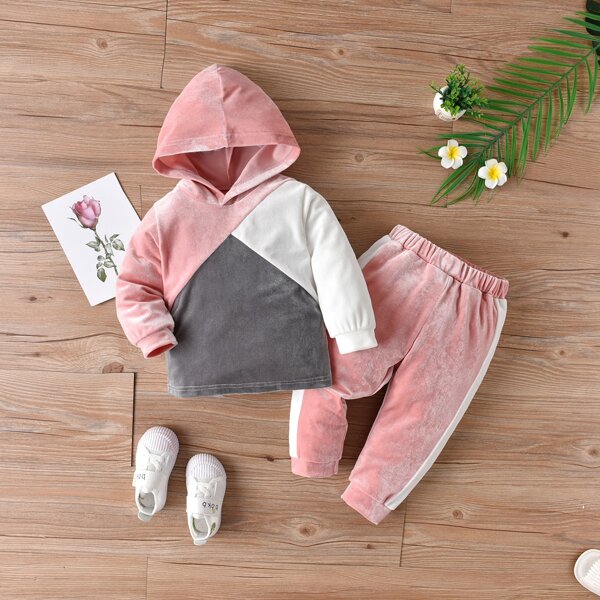 

Baby Color Block Velvet Hoodie & Sweatpants, Multicolor