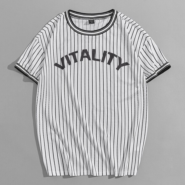 

Men Striped Letter Graphic Mesh Tee, White