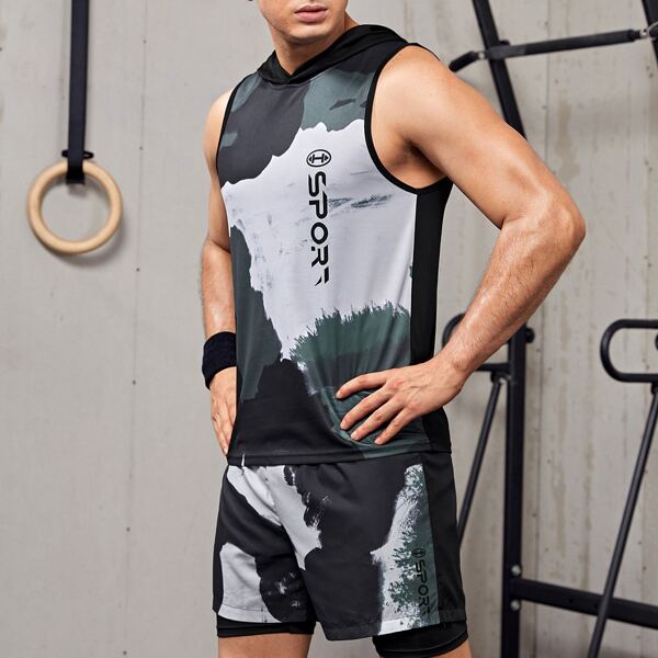 

Men Letter Graphic Hooded Sports Tank Top With Shorts, Multicolor