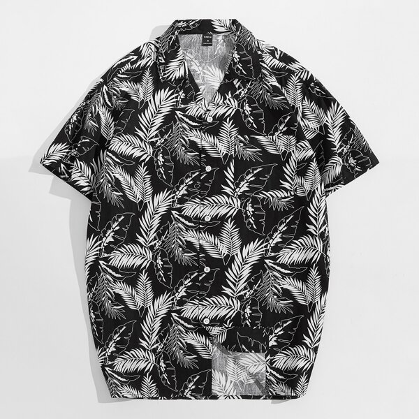 

Men Tropical Print Button Up Shirt, Black and white