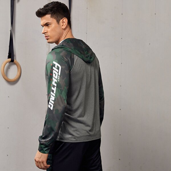 

Men Camo And Letter Graphic Hooded Sports Jacket, Grey