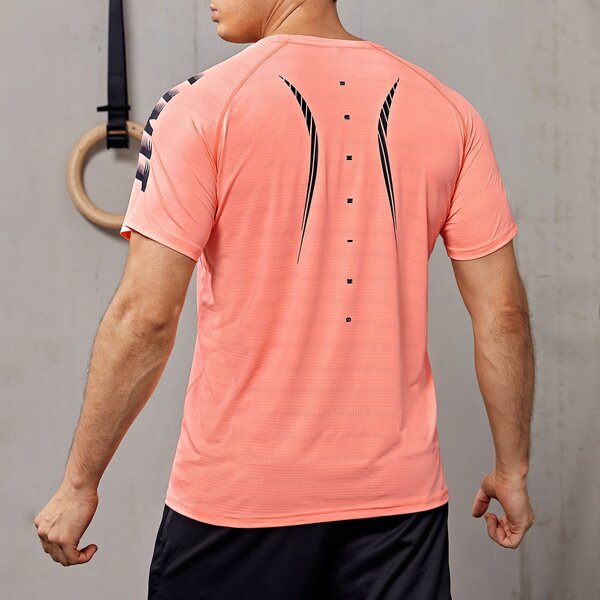 Men Letter Graphic Raglan Sleeve Sports T-Shirt, Coral orange