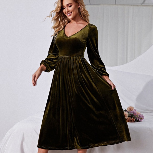 

V-neck Lantern Sleeve Velvet Dress, Olive green