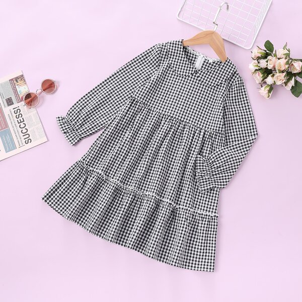 Girls Gingham Peter-pan Collar Ruffle Hem Flounce Sleeve Babydoll Dress, Black and white
Girls Gingham Peter-pan Collar Ruffle Hem Flounce Sleeve Babydoll Dress, Black and white