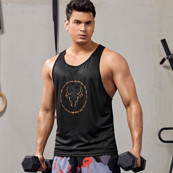 

Men Bull Print Racer Back Sports Tank Top, Black