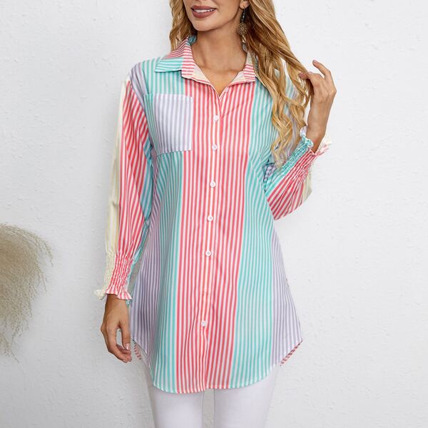 

Striped Button Front Curved Hem Blouse, Multicolor