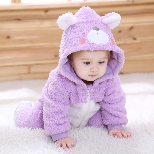 Baby Cartoon Embroidery 3D Ear Patched Zipper Front Flannel Jumpsuit, Lilac purple