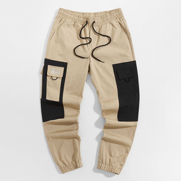 

Men Patch Detail Drawstring Waist Cargo Pants, Khaki
