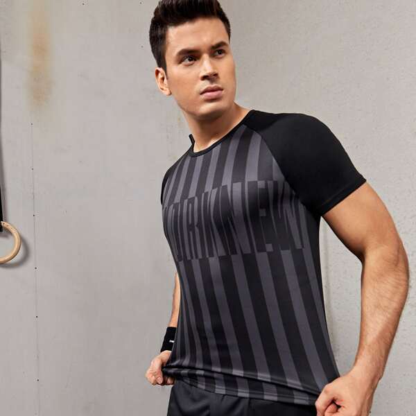 

Men Striped Print Sports Tee, Black